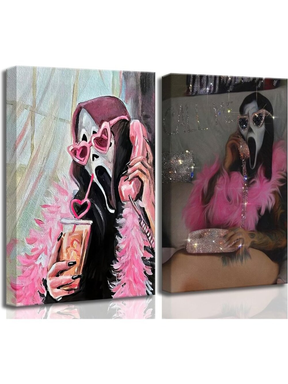 Set of 2 Halloween Ghost Wall Art - Modern Pink Gothic Canvas Prints for Home